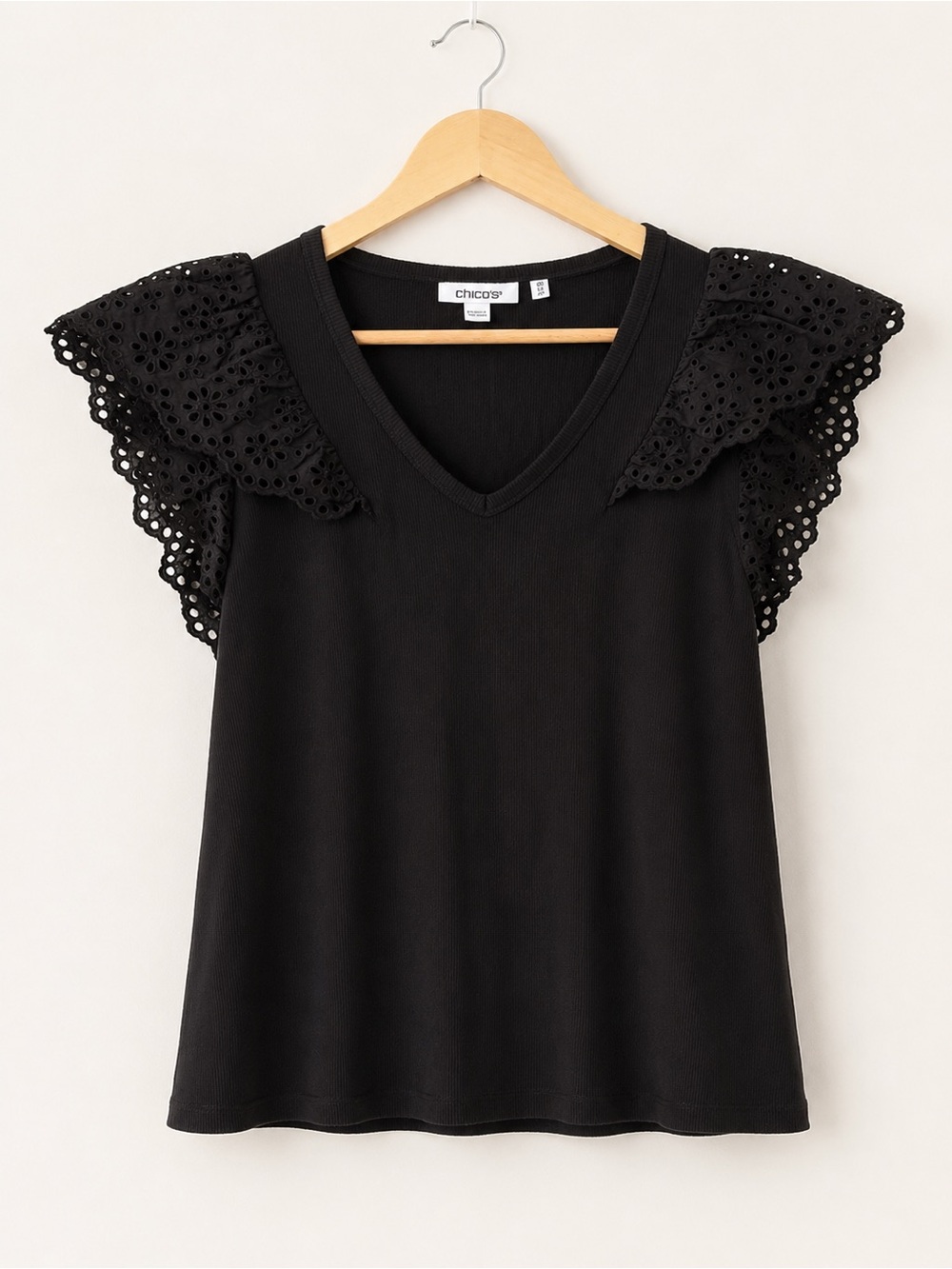 Chico’s Black Eyelet Flutter Sleeve V-Neck Top XS Ribbed Knit